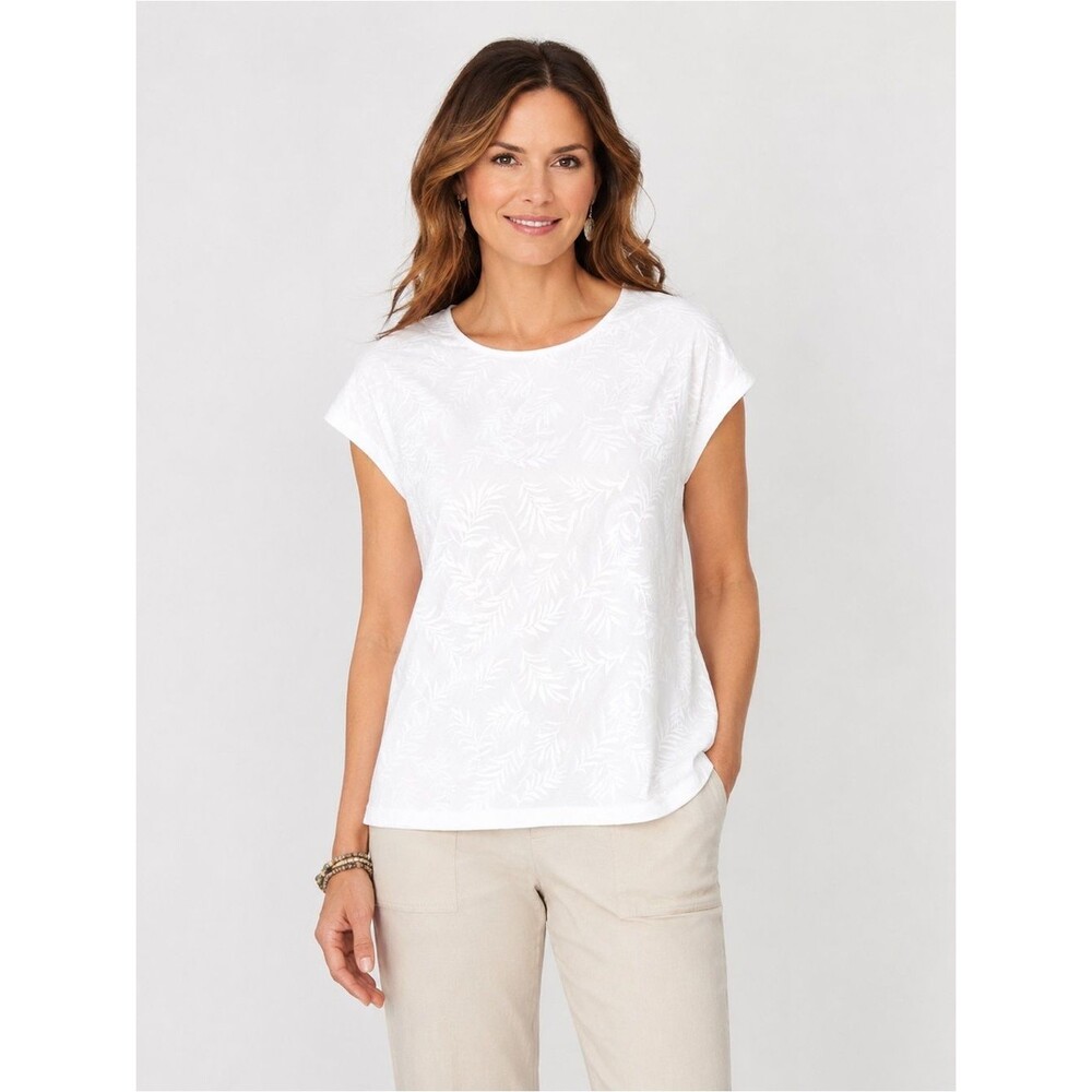 Chico’s Women’s White Textured Leaf Double Layer Short Sleeve Top Size 2/XL